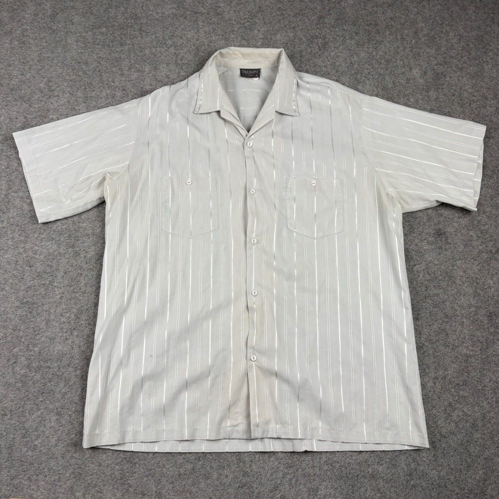 Triumph‎ Button Up Shirt Mens XL White Striped Short Sleeve Vintage 70s Disco